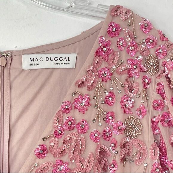 Mac Duggal 5497 Size 14, Floral Beadwork Rose Pink Mesh 3/4 Sleeve Formal Gown - Picture 7 of 13